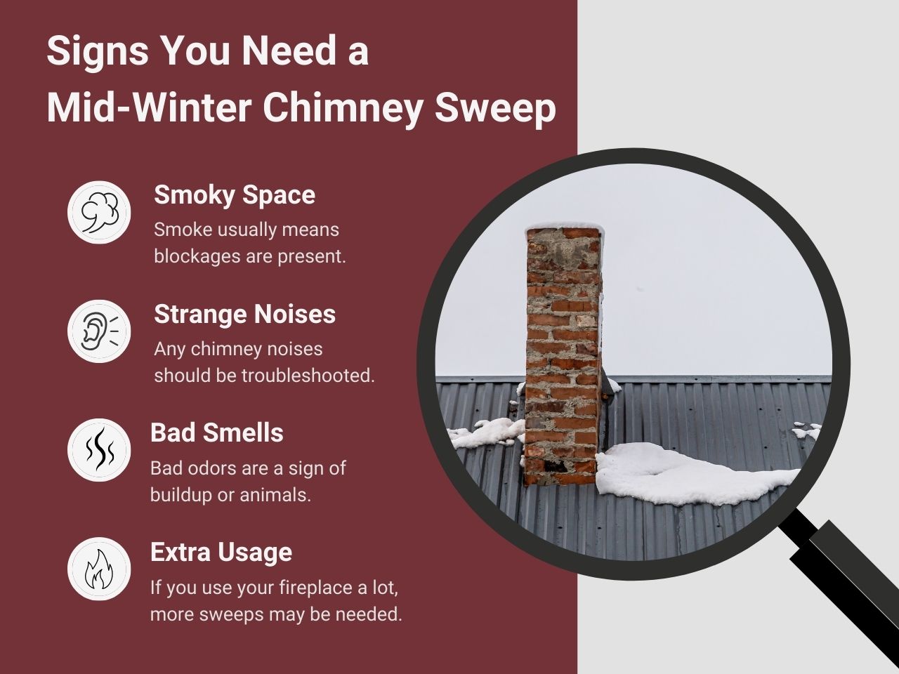 original infographic stating signs you need a mid-winter sweep: smoky space, strange noises, bad smells, more frequent fireplace use